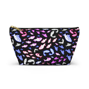 NerdyKeppie Fishies Genderfluid Pride Zipper Pouch with T-Bottom. A zippered accessory/makeup bag featuring a t-bottom and a Fishies pattern in genderfluid pride colors. This genderfluid pride zipper pouch is fully lined and comes in two sizes.