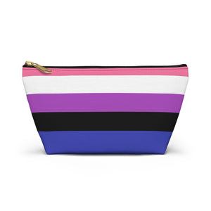 NerdyKeppie Genderfluid Flag Pride Zipper Pouch with T-Bottom. A zippered accessory/makeup bag featuring a t-bottom and a genderfluid flag pattern. This genderfluid pride zipper pouch is fully lined and comes in two sizes.