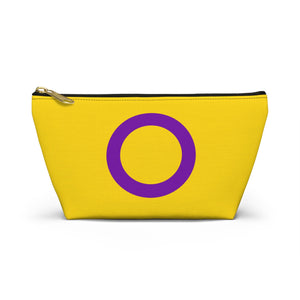 NerdyKeppie Intersex Pride Flap Zipper Pouch with T-Bottom. A zippered accessory/makeup bag featuring a t-bottom and an intersex flag pattern. This intersex pride zipper pouch is fully lined and comes in two sizes.