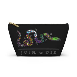 NerdyKeppie "Join or Die" Multi-Flag LGBTQIA+ Pride Zipper Pouch with T-Bottom. A zippered accessory/makeup bag featuring a t-bottom and a Join or Die pattern. This pride zipper pouch is fully lined and comes in two sizes.