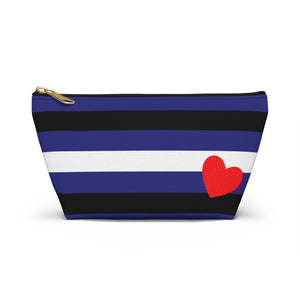 NerdyKeppie Leather Pride Flag Zipper Pouch with T-Bottom. A zippered accessory/makeup bag featuring a t-bottom and a leather flag pattern. This leather pride zipper pouch is fully lined and comes in two sizes.