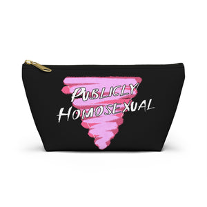 NerdyKeppie "Publicly Homosexual" Pink Triangle Zipper Pouch with T-Bottom. A zippered accessory/makeup bag featuring a t-bottom and a "Publicly Homosexual" design. This pink triangle zipper pouch is fully lined and comes in two sizes.
