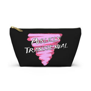 NerdyKeppie "Publicly Transsexual" Pink Triangle Zipper Pouch with T-Bottom. A zippered accessory/makeup bag featuring a t-bottom and a "Publicly Transsexual" design. This pink triangle zipper pouch is fully lined and comes in two sizes.