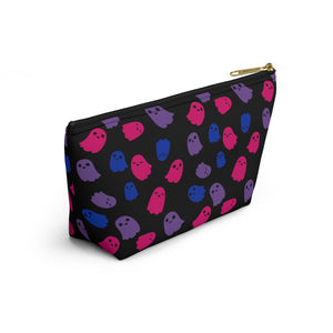 NerdyKeppie Raveyard Ghosts Bi Pride Zipper Pouch with T-Bottom. A zippered accessory/makeup bag featuring a t-bottom and a Raveyard Ghosts pattern in bisexual pride colors. This bi pride zipper pouch is fully lined and comes in two sizes.