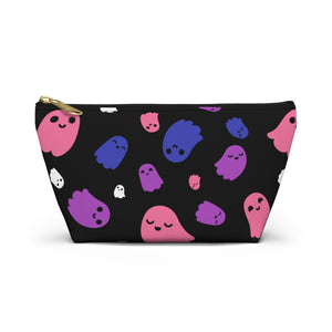 NerdyKeppie Raveyard Ghosts Genderfluid Pride Zipper Pouch with T-Bottom. A zippered accessory/makeup bag featuring a t-bottom and a Raveyard Ghosts pattern in genderfluid pride colors. This genderfluid pride zipper pouch is fully lined and comes in two sizes.