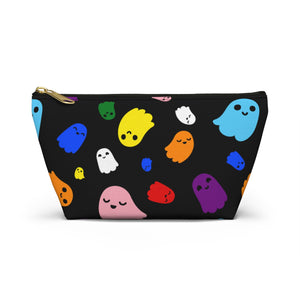 NerdyKeppie Raveyard Ghosts Progress Pride Zipper Pouch with T-Bottom. A zippered accessory/makeup bag featuring a t-bottom and a Raveyard Ghosts pattern in Progress pride colors. This Progress pride zipper pouch is fully lined and comes in two sizes.