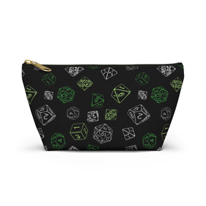 NerdyKeppie Scattered Dice Aro Pride Zipper Pouch with T-Bottom. A zippered accessory/makeup bag featuring a t-bottom and a Scattered Dice pattern in aromantic pride colors. This aro pride zipper pouch is fully lined and comes in two sizes.
