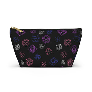 NerdyKeppie Scattered Dice Genderfluid Pride Zipper Pouch with T-Bottom. A zippered accessory/makeup bag featuring a t-bottom and a Scattered Dice pattern in genderfluid pride colors. This genderfluid pride zipper pouch is fully lined and comes in two sizes.