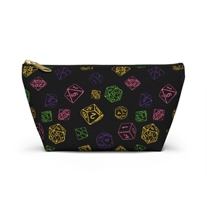NerdyKeppie Scattered Dice Lesbian Pride Zipper Pouch with T-Bottom. A zippered accessory/makeup bag featuring a t-bottom and a Scattered Dice pattern in lesbian pride colors. This lesbian pride zipper pouch is fully lined and comes in two sizes.
