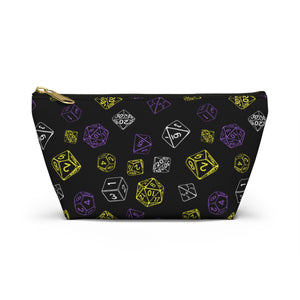 NerdyKeppie Scattered Dice Non-Binary Pride Zipper Pouch with T-Bottom. A zippered accessory/makeup bag featuring a t-bottom and a Scattered Dice pattern in non-binary pride colors. This non-binary pride zipper pouch is fully lined and comes in two sizes.