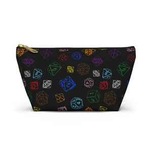 NerdyKeppie Scattered Dice Progress Pride Zipper Pouch with T-Bottom. A zippered accessory/makeup bag featuring a t-bottom and a Scattered Dice pattern in Progress pride colors. This Progress pride zipper pouch is fully lined and comes in two sizes.