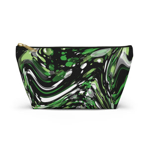 NerdyKeppie Splatter Wave Aro Pride Zipper Pouch with T-Bottom. A zippered accessory/makeup bag featuring a t-bottom and a Splatter Wave pattern in aromantic pride colors. This aro pride zipper pouch is fully lined and comes in two sizes.