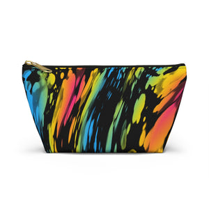NerdyKeppie Splatter Wave Pan Pride Zipper Pouch with T-Bottom. A zippered accessory/makeup bag featuring a t-bottom and a Splatter Wave pattern in pansexual pride colors. This pan pride zipper pouch is fully lined and comes in two sizes.
