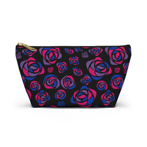 NerdyKeppie Stencil Roses Bi Pride Zipper Pouch with T-Bottom. A zippered accessory/makeup bag featuring a t-bottom and a Stencil Roses pattern in bisexual pride colors. This bi pride zipper pouch is fully lined and comes in two sizes.