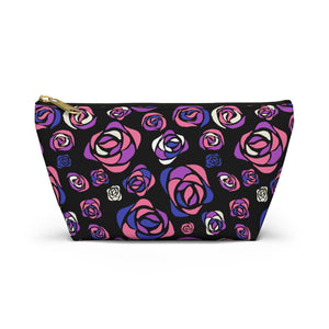 NerdyKeppie Stencil Roses Genderfluid Pride Zipper Pouch with T-Bottom. A zippered accessory/makeup bag featuring a t-bottom and a Stencil Roses pattern in genderfluid pride colors. This genderfluid pride zipper pouch is fully lined and comes in two sizes.