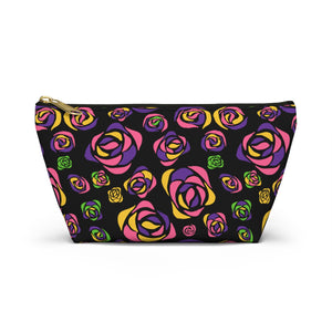 NerdyKeppie Stencil Roses Lesbian Pride Zipper Pouch with T-Bottom. A zippered accessory/makeup bag featuring a t-bottom and a Stencil Roses pattern in lesbian pride colors. This lesbian pride zipper pouch is fully lined and comes in two sizes.