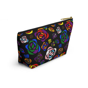 NerdyKeppie Stencil Roses Progress Pride Zipper Pouch with T-Bottom. A zippered accessory/makeup bag featuring a t-bottom and a Stencil Roses pattern in Progress pride colors. This Progress pride zipper pouch is fully lined and comes in two sizes.