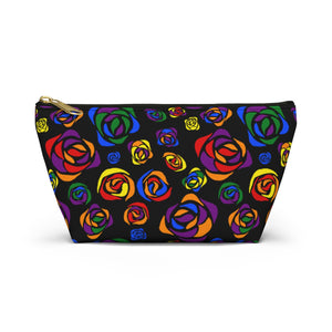 NerdyKeppie Stencil Roses Rainbow Gay Pride Zipper Pouch with T-Bottom. A zippered accessory/makeup bag featuring a t-bottom and a Stencil Roses pattern in rainbow pride colors. This gay pride zipper pouch is fully lined and comes in two sizes.