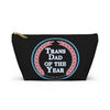 NerdyKeppie "Trans Dad of the Year" Trans Pride Zipper Pouch with T-Bottom. A zippered accessory/makeup bag featuring a t-bottom and a "Trans Dad of the Year" pattern in trans pride colors. This pride zipper pouch is fully lined and comes in two sizes.