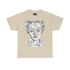NerdyKeppie "Social Construction of the Self" - Rachel Lisboa Original Cotton Tee (PostNormCore Exclusive). A person wearing a tee shirt designed by Rachel Lisboa, featuring a black line drawing of a person's face on a white background. Profits from this tee shirt benefit Jake's gender-affirming surgeries.