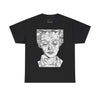 NerdyKeppie "Social Construction of the Self" - Rachel Lisboa Original Cotton Tee (PostNormCore Exclusive). A person wearing a tee shirt designed by Rachel Lisboa, featuring a black line drawing of a person's face on a white background. Profits from this tee shirt benefit Jake's gender-affirming surgeries.