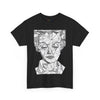 NerdyKeppie "Social Construction of the Self" - Rachel Lisboa Original Cotton Tee (PostNormCore Exclusive). A person wearing a tee shirt designed by Rachel Lisboa, featuring a black line drawing of a person's face on a white background. Profits from this tee shirt benefit Jake's gender-affirming surgeries.