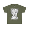 NerdyKeppie "Social Construction of the Self" - Rachel Lisboa Original Cotton Tee (PostNormCore Exclusive). A person wearing a tee shirt designed by Rachel Lisboa, featuring a black line drawing of a person's face on a white background. Profits from this tee shirt benefit Jake's gender-affirming surgeries.