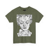 NerdyKeppie "Social Construction of the Self" - Rachel Lisboa Original Cotton Tee (PostNormCore Exclusive). A person wearing a tee shirt designed by Rachel Lisboa, featuring a black line drawing of a person's face on a white background. Profits from this tee shirt benefit Jake's gender-affirming surgeries.