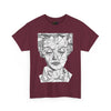 NerdyKeppie "Social Construction of the Self" - Rachel Lisboa Original Cotton Tee (PostNormCore Exclusive). A person wearing a tee shirt designed by Rachel Lisboa, featuring a black line drawing of a person's face on a white background. Profits from this tee shirt benefit Jake's gender-affirming surgeries.