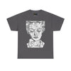 NerdyKeppie "Social Construction of the Self" - Rachel Lisboa Original Cotton Tee (PostNormCore Exclusive). A person wearing a tee shirt designed by Rachel Lisboa, featuring a black line drawing of a person's face on a white background. Profits from this tee shirt benefit Jake's gender-affirming surgeries.