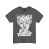 NerdyKeppie "Social Construction of the Self" - Rachel Lisboa Original Cotton Tee (PostNormCore Exclusive). A person wearing a tee shirt designed by Rachel Lisboa, featuring a black line drawing of a person's face on a white background. Profits from this tee shirt benefit Jake's gender-affirming surgeries.