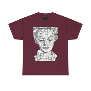 NerdyKeppie "Social Construction of the Self" - Rachel Lisboa Original Cotton Tee (PostNormCore Exclusive). A person wearing a tee shirt designed by Rachel Lisboa, featuring a black line drawing of a person's face on a white background. Profits from this tee shirt benefit Jake's gender-affirming surgeries.