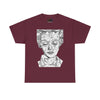 NerdyKeppie "Social Construction of the Self" - Rachel Lisboa Original Cotton Tee (PostNormCore Exclusive). A person wearing a tee shirt designed by Rachel Lisboa, featuring a black line drawing of a person's face on a white background. Profits from this tee shirt benefit Jake's gender-affirming surgeries.