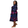 A person wearing a NerdyKeppie Splatter Wave Bi Pride Long Sleeve Midi Dress With Pockets. 