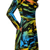 A person wearing a NerdyKeppie Splatter Wave Pan Pride Long Sleeve Midi Dress With Pockets. 