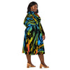 A person wearing a NerdyKeppie Splatter Wave Pan Pride Long Sleeve Midi Dress With Pockets. 