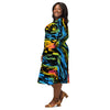 A person wearing a NerdyKeppie Splatter Wave Pan Pride Long Sleeve Midi Dress With Pockets. 