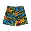 NerdyKeppie Splatter Wave Pan Pride Swim Trunks With Pockets. A pair of swim trunks featuring a Splatter Wave design in pansexual pride colors. These pan pride swim trunks are machine washable.