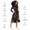 A person wearing a NerdyKeppie Splatter Wave Progress Pride Long Sleeve Midi Dress With Pockets. 