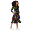 A person wearing a NerdyKeppie Splatter Wave Progress Pride Long Sleeve Midi Dress With Pockets. 