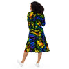 A person wearing a NerdyKeppie Splatter Wave Rainbow Gay Pride Long Sleeve Midi Dress With Pockets. 