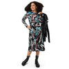 A person wearing a NerdyKeppie Splatter Wave Trans Pride Long Sleeve Midi Dress With Pockets. 