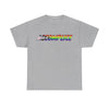 NerdyKeppie "Accomplice" Cotton Progress Pride Tee Shirt. A unisex cotton tee shirt with an "Accomplice" design on it in rainbow pride colors. This gay pride tee shirt has a classic fit.