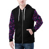 NerdyKeppie Stencil Roses Lightweight Bi Pride Zip Up Hoodie. A black hooded bisexual pride flag sweatshirt with zipper and two front pockets. This bi pride hoodie has an Engraved Bats design on its sleeves and inside its hood!