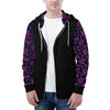 NerdyKeppie Stencil Roses Lightweight Bi Pride Zip Up Hoodie. A black hooded bisexual pride flag sweatshirt with zipper and two front pockets. This bi pride hoodie has an Engraved Bats design on its sleeves and inside its hood!