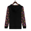 NerdyKeppie Stencil Roses Lightweight Lesbian Pride Zip Up Hoodie. A black hooded sweatshirt with zipper and two front pockets. This lesbian pride hoodie has a stencil roses design on its sleeves and inside its hood!.