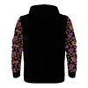 NerdyKeppie Stencil Roses Lightweight Lesbian Pride Zip Up Hoodie. A black hooded sweatshirt with zipper and two front pockets. This lesbian pride hoodie has a stencil roses design on its sleeves and inside its hood!.