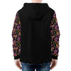 NerdyKeppie Stencil Roses Lightweight Lesbian Pride Zip Up Hoodie. A black hooded sweatshirt with zipper and two front pockets. This lesbian pride hoodie has a stencil roses design on its sleeves and inside its hood!.