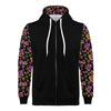 NerdyKeppie Stencil Roses Lightweight Lesbian Pride Zip Up Hoodie. A black hooded sweatshirt with zipper and two front pockets. This lesbian pride hoodie has a stencil roses design on its sleeves and inside its hood!.