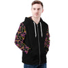NerdyKeppie Stencil Roses Lightweight Lesbian Pride Zip Up Hoodie. A black hooded sweatshirt with zipper and two front pockets. This lesbian pride hoodie has a stencil roses design on its sleeves and inside its hood!.